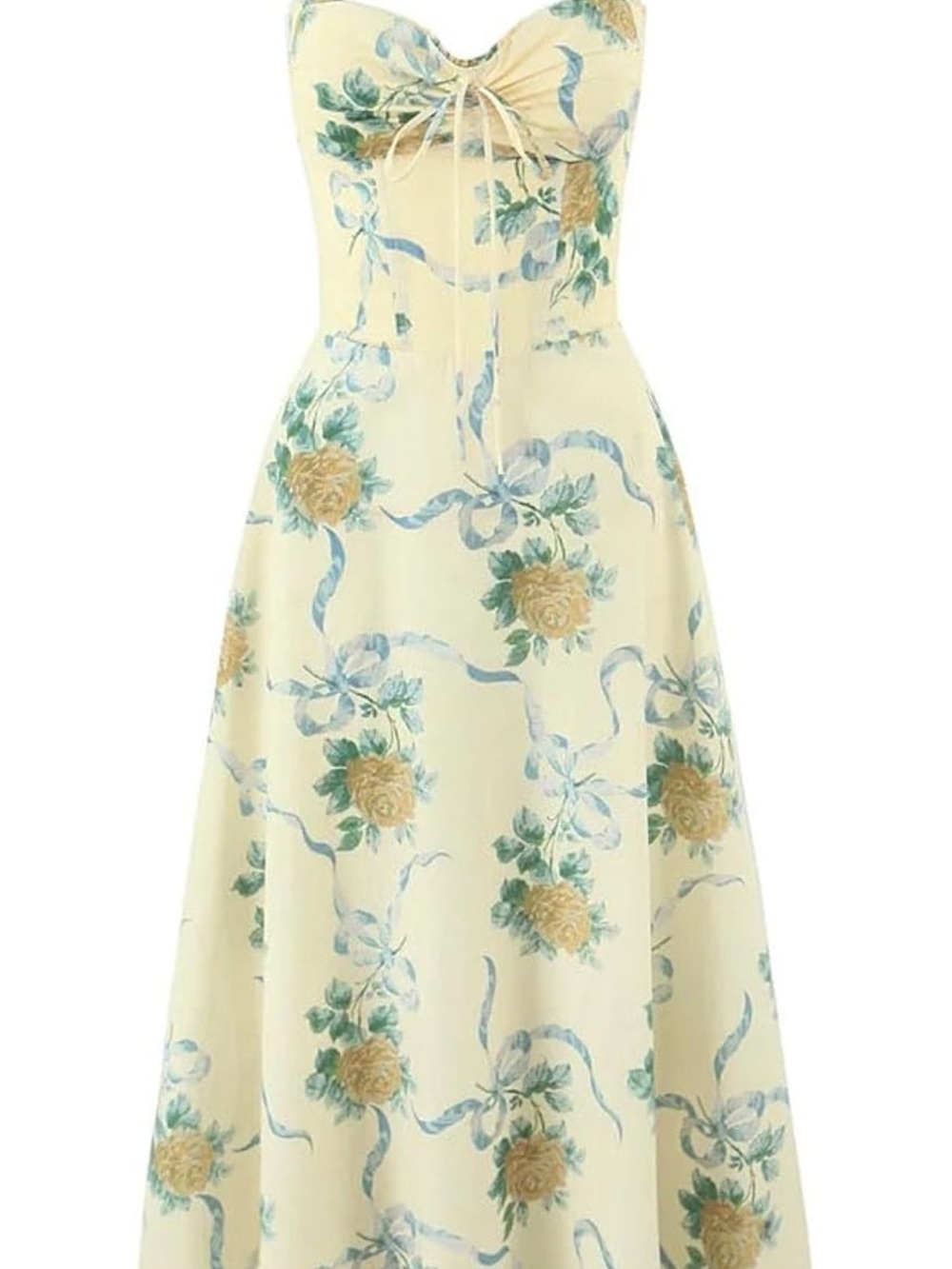 For Love & Lemons Cream Floral Midi Dress with Blue and Green Print - Medium